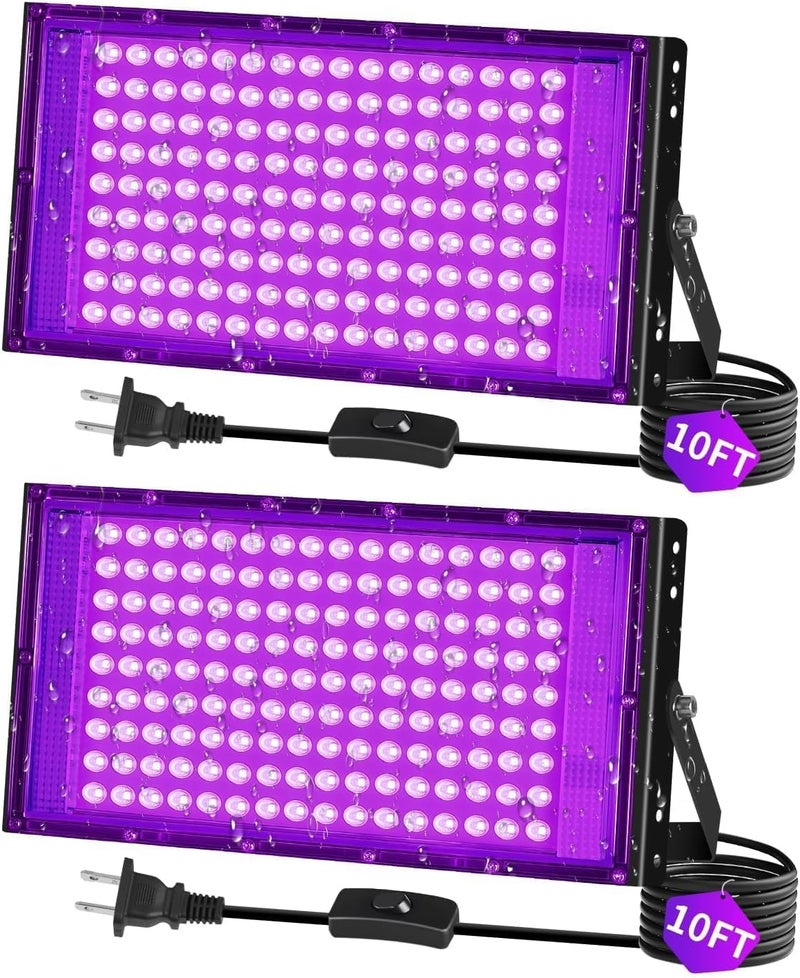 THECHAM Store 150W LED Black Lights IP66 Waterproof Black Light Outdoor with 10ft Plug+Switch, Flood Blacklight for Halloween Glow in The Dark Party Stage Light Neon Glow Birthday 2 Pack - Image 1